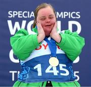 12 March 2025; Lucy Best of Team Ireland, a member of Skiability Northern Ireland, Balinderry, Antrim, with her Gold Medal, won in the Novice Giant Slalon Final, division eight, during day four of the Turin 2025 Special Olympics World Winter Games in Sestriere, Italy. Photo by Ray McManus/Sportsfile