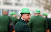 13 March 2025; Racegoers wearing Irish suits arrive prior to racing on day three of the Cheltenham Racing Festival at Prestbury Park in Cheltenham, England. Photo by Harry Murphy/Sportsfile