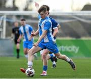 12 March 2025; Rian Durkan of Rice College in action against  Blackrock College during the FAI Schools Dr Tony O'Neill Senior National Cup final match between Blackrock College and Rice College at Athlone Town Stadium in Athlone, Westmeath. Photo by Matt Browne/Sportsfile