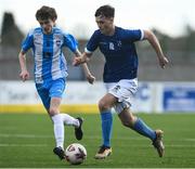 12 March 2025; Peter Walsh of Blackrock College in action against Jamie O'Malley of Rice College during the FAI Schools Dr Tony O'Neill Senior National Cup final match between Blackrock College and Rice College at Athlone Town Stadium in Athlone, Westmeath. Photo by Matt Browne/Sportsfile