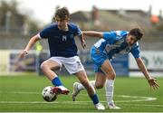 12 March 2025; Rees Dowling of Blackrock College in action against Evan Durkan of Rice College during the FAI Schools Dr Tony O'Neill Senior National Cup final match between Blackrock College and Rice College at Athlone Town Stadium in Athlone, Westmeath. Photo by Matt Browne/Sportsfile