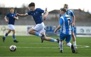 12 March 2025; Harry Weir of Blackrock College in action against Alex Halpin of Rice College during the FAI Schools Dr Tony O'Neill Senior National Cup final match between Blackrock College and Rice College at Athlone Town Stadium in Athlone, Westmeath. Photo by Matt Browne/Sportsfile