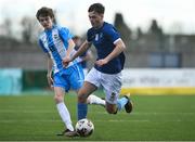 12 March 2025; Peter Walsh of Blackrock College in action against Jamie O'Malley of Rice College during the FAI Schools Dr Tony O'Neill Senior National Cup final match between Blackrock College and Rice College at Athlone Town Stadium in Athlone, Westmeath. Photo by Matt Browne/Sportsfile