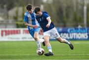 12 March 2025; Harry Weir of Blackrock College in action against Darragh Reynolds of Rice College during the FAI Schools Dr Tony O'Neill Senior National Cup final match between Blackrock College and Rice College at Athlone Town Stadium in Athlone, Westmeath. Photo by Matt Browne/Sportsfile