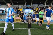 12 March 2025; Alex Halpin captain of Rice College leads out his team-mates before the FAI Schools Dr Tony O'Neill Senior National Cup final match between Blackrock College and Rice College at Athlone Town Stadium in Athlone, Westmeath. Photo by Matt Browne/Sportsfile