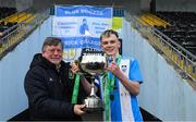 12 March 2025; Donal Conway from FAI Schools presents Alex Halpin captain of Rice College with the Dr Tony O'Neill Senior Cup after the FAI Schools Dr Tony O'Neill Senior National Cup final match between Blackrock College and Rice College at Athlone Town Stadium in Athlone, Westmeath. Photo by Matt Browne/Sportsfile