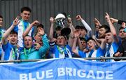 12 March 2025; Alex Halpin captain of Rice College lifts the cup as his team-mates celebrates after the FAI Schools Dr Tony O'Neill Senior National Cup final match between Blackrock College and Rice College at Athlone Town Stadium in Athlone, Westmeath. Photo by Matt Browne/Sportsfile