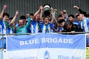 12 March 2025; Alex Halpin captain of Rice College lifts the cup as his team-mates celebrates after the FAI Schools Dr Tony O'Neill Senior National Cup final match between Blackrock College and Rice College at Athlone Town Stadium in Athlone, Westmeath. Photo by Matt Browne/Sportsfile