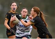 13 March 2025; Claire O'Donohue of University of Limerick is tackled by Maeve Stankard of TUS Midwest during the 2025 AIG Lagan Cup final match between TUS Midwest and University of Limerick at Queen's Sport in Belfast. Photo by Shauna Clinton/Sportsfile