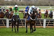 13 March 2025; Doddiethegreat, with Brian Hughes up, right, races alongside Win Some Lose Some, with Mark Walsh up, on their way to winning the Pertemps Network Final Handicap Hurdle on day three of the Cheltenham Racing Festival at Prestbury Park in Cheltenham, England. Photo by David Fitzgerald/Sportsfile