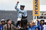 13 March 2025; Jockey Brian Hughes, aboard Doddiethegreat, celebrates after winning the Pertemps Network Final Handicap Hurdle on day three of the Cheltenham Racing Festival at Prestbury Park in Cheltenham, England. Photo by David Fitzgerald/Sportsfile