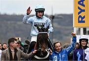 13 March 2025; Jockey Brian Hughes, aboard Doddiethegreat, celebrates after winning the Pertemps Network Final Handicap Hurdle on day three of the Cheltenham Racing Festival at Prestbury Park in Cheltenham, England. Photo by David Fitzgerald/Sportsfile