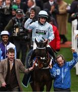 13 March 2025; Jockey Brian Hughes, aboard Doddiethegreat, celebrates after winning the Pertemps Network Final Handicap Hurdle on day three of the Cheltenham Racing Festival at Prestbury Park in Cheltenham, England. Photo by Harry Murphy/Sportsfile