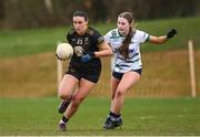 13 March 2025; Annakate Cournane of TUS Midwest is tackled by Mary Moore of University of Limerick during the 2025 AIG Lagan Cup final match between TUS Midwest and University of Limerick at Queen's Sport in Belfast. Photo by Shauna Clinton/Sportsfile