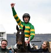 13 March 2025; Jockey Mark Walsh, aboard Fact To File, celebrates after winning the Ryanair Chase on day three of the Cheltenham Racing Festival at Prestbury Park in Cheltenham, England. Photo by David Fitzgerald/Sportsfile