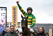 13 March 2025; Jockey Mark Walsh, aboard Fact To File, celebrates after winning the Ryanair Chase on day three of the Cheltenham Racing Festival at Prestbury Park in Cheltenham, England. Photo by David Fitzgerald/Sportsfile