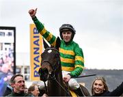 13 March 2025; Jockey Mark Walsh, aboard Fact To File, celebrates after winning the Ryanair Chase on day three of the Cheltenham Racing Festival at Prestbury Park in Cheltenham, England. Photo by David Fitzgerald/Sportsfile