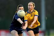 13 March 2025; Aobha Harmon of DCU Dóchas Éireann is tackled by Aine Bresnan of TUD during the 2025 AIG Moynihan Cup final match between TUD CC1 and DCU Dóchas Éireann at Queen's Sport in Belfast. Photo by Shauna Clinton/Sportsfile