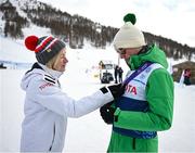 13 March 2025; Donal Brennan of Team Ireland, a member of Kilternan Karvers, Ballinteer, Dublin who finished sixth, in the Intermediate Super G event, with Mary Davis, Chief Executive Officer of Special Olympics International on day five of the Turin 2025 Special Olympics World Winter Games in Sestriere, Italy. Photo by Ray McManus/Sportsfile