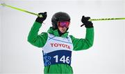 13 March 2025; Donal Brennan of Team Ireland, a member of Kilternan Karvers, Ballinteer, Dublin as he crosses the finish line in the Intermediate Super G mens division one during day five of the Turin 2025 Special Olympics World Winter Games in Sestriere, Italy. Photo by Ray McManus/Sportsfile