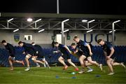 13 March 2025; UCD players warm up before the annual men’s Rugby Colours match between Dublin University and UCD at UCD Bowl in Dublin. Photo by Sam Barnes/Sportsfile