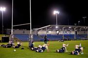 13 March 2025; UCD players warm up before the annual men’s Rugby Colours match between Dublin University and UCD at UCD Bowl in Dublin. Photo by Sam Barnes/Sportsfile