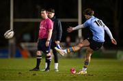 13 March 2025; Daragh Gilbourne of UCD kicks a conversion during the annual men’s Rugby Colours match between Dublin University and UCD at UCD Bowl in Dublin. Photo by Sam Barnes/Sportsfile