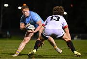 13 March 2025; Chris Hennessy of UCD in action against Louis McDonough of Dublin University during the annual men’s Rugby Colours match between Dublin University and UCD at UCD Bowl in Dublin. Photo by Sam Barnes/Sportsfile