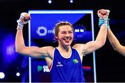 13 March 2025; Lisa O’Rourke of Ireland is declared victorious over Saida Lahmidi of Morocco in their Elite Women 66-70kg light middle quarter-final bout during the 2025 IBA Women's World Boxing Championships quarter-finals at the Cair Sports Center in Niš, Serbia. Photo by Nikola Krstic/Sportsfile