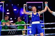 13 March 2025; Lisa O’Rourke of Ireland, centre, is declared victorious over Saida Lahmidi of Morocco in their Elite Women 66-70kg light middle quarter-final bout during the 2025 IBA Women's World Boxing Championships quarter-finals at the Cair Sports Center in Niš, Serbia. Photo by Nikola Krstic/Sportsfile