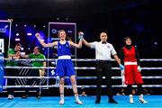 13 March 2025; Lisa O’Rourke of Ireland, left, is declared victorious over Saida Lahmidi of Morocco in their Elite Women 66-70kg light middle quarter-final bout during the 2025 IBA Women's World Boxing Championships quarter-finals at the Cair Sports Center in Niš, Serbia. Photo by Nikola Krstic/Sportsfile