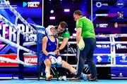 13 March 2025; Lisa O’Rourke of Ireland receives instructions in her corner, from coach Zaur Antia, right, during her Elite Women 66-70kg light middle quarter-final bout against Saida Lahmidi of Morocco during the 2025 IBA Women's World Boxing Championships quarter-finals at the Cair Sports Center in Niš, Serbia. Photo by Nikola Krstic/Sportsfile