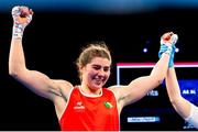 13 March 2025; Aoife O’Rourke of Ireland celebrates her victory over Aziza Zokirova of Uzbekistan in their 70-75kg Elite Women Quarter-Final bout during the 2025 IBA Women's World Boxing Championships quarter-finals at the Cair Sports Center in Niš, Serbia. Photo by Nikola Krstic/Sportsfile