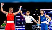 13 March 2025; Aoife O’Rourke of Ireland has her hand raised to be judged the winner over Aziza Zokirova of Uzbekistan in their 70-75kg Elite Women Quarter-Final bout during the 2025 IBA Women's World Boxing Championships quarter-finals at the Cair Sports Center in Niš, Serbia. Photo by Nikola Krstic/Sportsfile