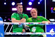 13 March 2025; Coaches Zaur Antia, right, and Eoin Pluck celebrate after Lisa O’Rourke of Ireland is declared victorious over Saida Lahmidi of Morocco in their 66-70kg light middle Elite Women Quarter-Final bout during the 2025 IBA Women's World Boxing Championships quarter-finals at the Cair Sports Center in Niš, Serbia. Photo by Nikola Krstic/Sportsfile