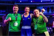 13 March 2025; Lisa O’Rourke of Ireland, centre, celebrates with coaches Eoin Pluck, left, and Zaur Antia after defeating Saida Lahmidi of Morocco in their Elite Women 66-70kg light middle quarter-final bout during the 2025 IBA Women's World Boxing Championships quarter-finals at the Cair Sports Center in Niš, Serbia. Photo by Nikola Krstic/Sportsfile