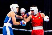 13 March 2025; Aoife O’Rourke of Ireland, right, in action against Aziza Zokirova of Uzbekistan in their 70-75kg Elite Women Quarter-Final bout during the 2025 IBA Women's World Boxing Championships quarter-finals at the Cair Sports Center in Niš, Serbia. Photo by Nikola Krstic/Sportsfile