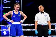 13 March 2025; Lisa O’Rourke of Ireland reacts after being declared victorious over Saida Lahmidi of Morocco in their Elite Women 66-70kg light middle quarter-final bout during the 2025 IBA Women's World Boxing Championships quarter-finals at the Cair Sports Center in Niš, Serbia. Photo by Nikola Krstic/Sportsfile