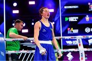 13 March 2025; Lisa O’Rourke of Ireland reacts after being declared victorious over Saida Lahmidi of Morocco in their Elite Women 66-70kg light middle quarter-final bout during the 2025 IBA Women's World Boxing Championships quarter-finals at the Cair Sports Center in Niš, Serbia. Photo by Nikola Krstic/Sportsfile