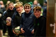 11 March 2025; Young supporters await the arrival of RG Snyman before a Leinster Rugby open training session at St Mary's RFC on Templeville Road in Dublin. Photo by Brendan Moran/Sportsfile