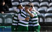 14 March 2025; Graham Burke of Shamrock Rovers, left, celebrates with teammates after scoring their side's second goal during the SSE Airtricity Men's Premier Division match between Drogheda United and Shamrock Rovers at Sullivan & Lambe Park in Drogheda, Louth. Photo by Ben McShane/Sportsfile