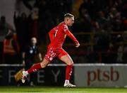 14 March 2025; Evan Caffrey of Shelbourne celebrates after scoring his side's first goal during the SSE Airtricity Men's Premier Division match between Shelbourne and Cork City at Tolka Park in Dublin. Photo by Sam Barnes/Sportsfile