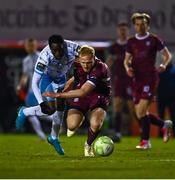 14 March 2025; James Olayinka of Waterford in action against Vincent Borden of Galway United during the SSE Airtricity Men's Premier Division match between Galway United and Waterford at Eamonn Deacy Park in Galway. Photo by Tyler Miller/Sportsfile