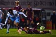 14 March 2025; James Olayinka of Waterford in action against Vincent Borden of Galway United during the SSE Airtricity Men's Premier Division match between Galway United and Waterford at Eamonn Deacy Park in Galway. Photo by Tyler Miller/Sportsfile