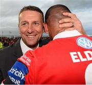 6 October 2013; Sligo Rovers manager Ian Baraclough and Anthony Elding celebrate at the end of the game. FAI Ford Cup, Semi-Final, Sligo Rovers v Shamrock Rovers, The Showgrounds, Sligo. Picture credit: David Maher / SPORTSFILE