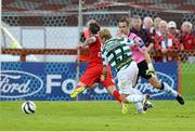 6 October 2013; Conor McCormack, Shamrock Rovers, is judged to have brought down Raffaele Cretaro, Sligo Rovers, by referee Alan Kelly resulting in a penalty kick and and the sending off the Shamrock Rovers player. FAI Ford Cup, Semi-Final, Sligo Rovers v Shamrock Rovers, The Showgrounds, Sligo. Picture credit: David Maher / SPORTSFILE