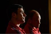 8 October 2013; Munster's Felix Jones, left, and BJ Botha during a press conference ahead of their Heineken Cup 2013/14, Pool 6, Round 1, game against Edinburgh on Saturday. Munster Rugby Press Conference, Castletroy Park Hotel, Limerick. Picture credit: Diarmuid Greene / SPORTSFILE