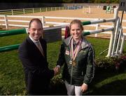 9 October 2013; Team Ireland show jumping bronze medallist, at the London 2012 Olympic Games, Cian O'Connor and Elizabeth Hayden, a 2013 European Junior Eventing Gold medalist and Individual Silver, in attendance at the official opening of National Horse Sport Arena at Abbottstown. National Sports Complex, Abbottstown, Co. Dublin. Picture credit: Ray McManus / SPORTSFILE