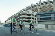 10 October 2013; Cuisine de France Sales Manager Wesley Morrisey, left, Neasa O'Se, and Opel Ireland Managing Director Dave Sheeran setting off from Croke Park as they begin the first leg of the Paidi O Se Charity Cycle Sportive. The inaugural three day cycle from Croke Park to Ventry is sponsored by Opel, supported by Cuisine de France and running from October 10th - 12th to raise money for cardiac services, through Fundúireacht Páidí Ó Sé. For more information on the Paidi Ó Sé Charity Cycle Sportive log on to paidiose.com. Croke Park, Dublin. Picture credit: Barry Cregg / SPORTSFILE