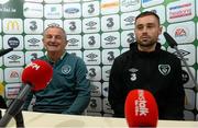 10 October 2013; Republic of Ireland interim manager Noel King and player Damien Delaney during a press conference ahead of their 2014 FIFA World Cup Qualifier, Group C, game against Germany on Friday. Republic of Ireland Press Conference, Rhine Energie Stadion, Cologne, Germany. Picture credit: David Maher / SPORTSFILE